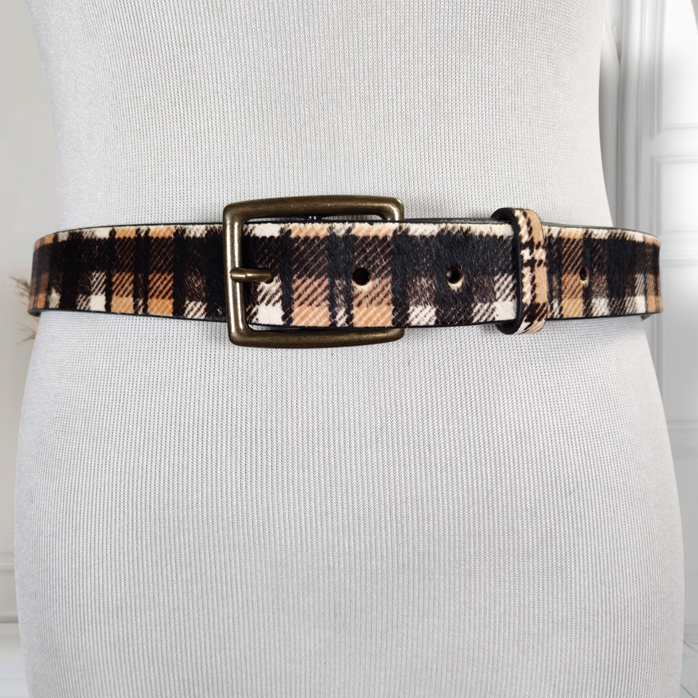 Anthropologie Plaid Calf Hair Leather Belt Brown Black Brass Buckle M 32-36